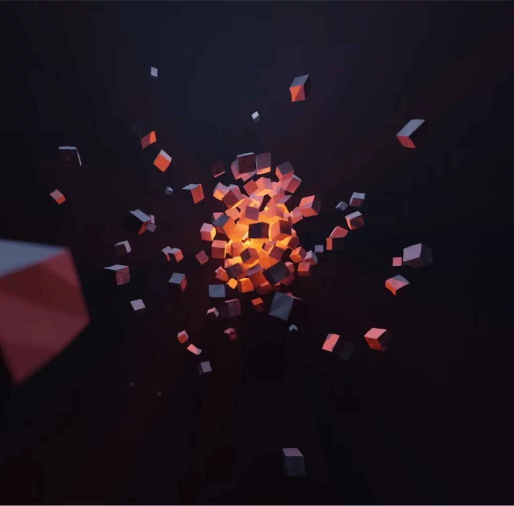 Een digitaal kunstwerk met een gloeiende oranje kern omringd door talloze donkerrode en oranje kubussen die zich naar buiten verspreiden tegen een donkere achtergrond, waardoor een 3D-explosie-effect ontstaat.