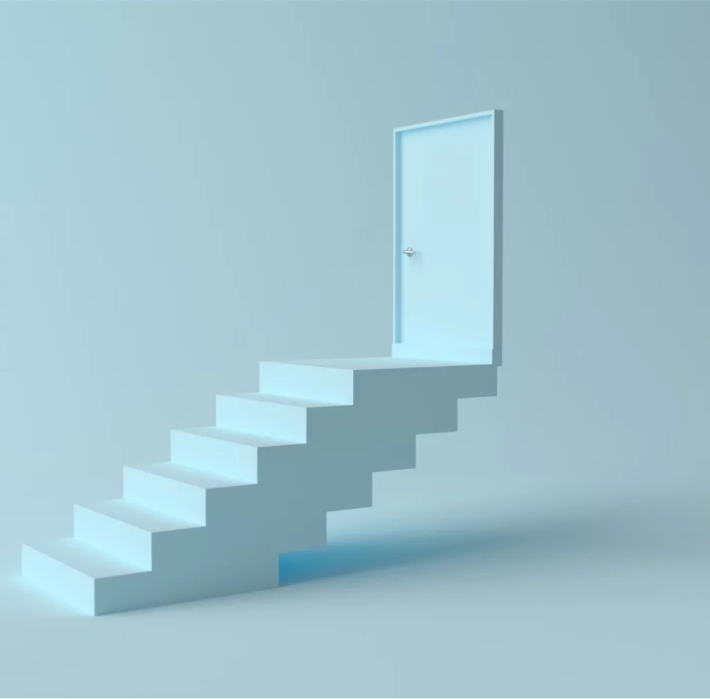 Een minimalistisch beeld met een witte trap die leidt naar een gesloten deur met een eenvoudige knop tegen een lichtblauwe achtergrond, wat een surrealistisch of conceptueel tafereel suggereert.