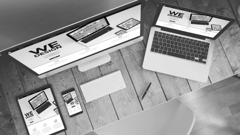 Een grijswaardenafbeelding van een moderne werkruimte met een iMac, MacBook, iPad en iPhone met bijpassende website-ontwerpen voor 2024 op hun scherm, netjes gerangschikt op een houten bureau. Een notitieblok
